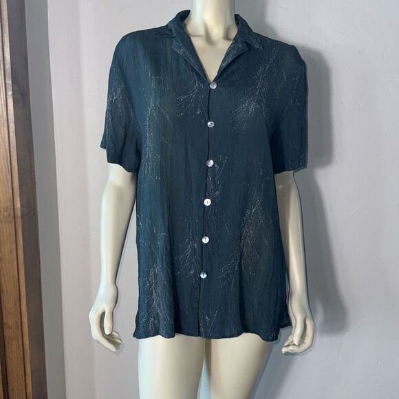 Vintage 90’s Green Whimsical Earth Print Oversized Silk Short Sleeve Button Down - Picture 1 of 14